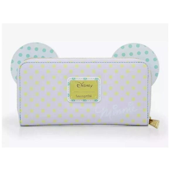 Loungefly Disney Minnie Mouse Polka Dot Wallet Pastel Zip Around With Bow Accent - Picture 2 of 11